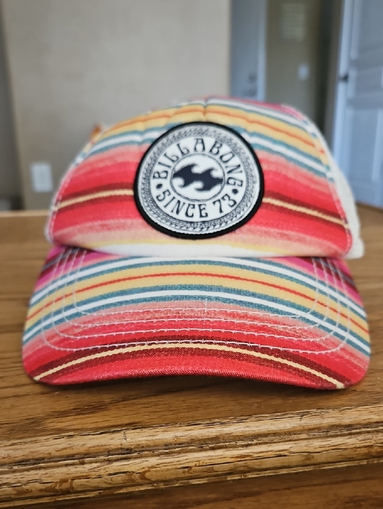 Billabong Accessories - Billabong Snapback Trucker Baseball Hat Stripes Cream Red Pink Yellow Teal Cap